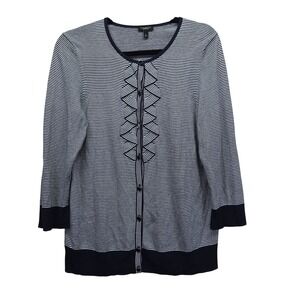 Talbots Navy White Striped Ruffle Front Cardigan Sweater Womens Large 3/4 Sleeve